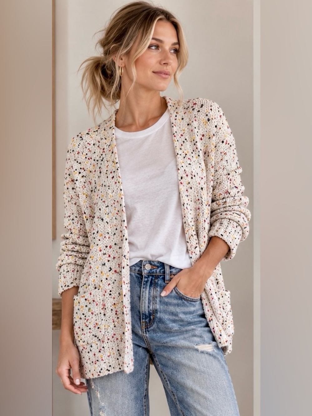 NWOT - Moon & Madison Cream Crochet Multi Colour Confetti Knit Open Cardigan